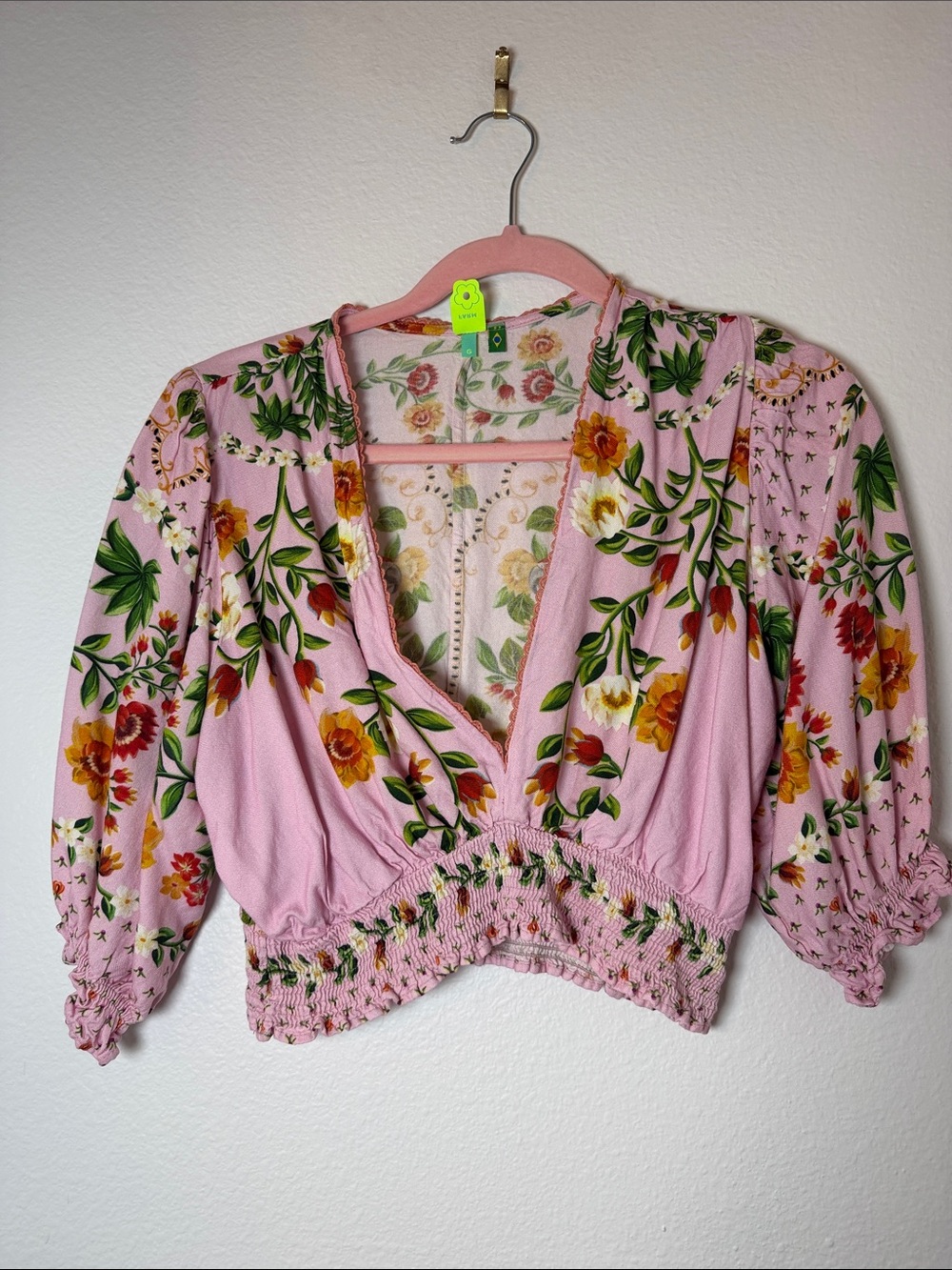 FARM Rio Pink Floral V-Neck Smocked Crop Top